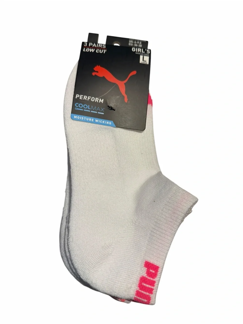 Puma White Low Cut Athletic Socks with Pink Logo - Girls 3-Pack